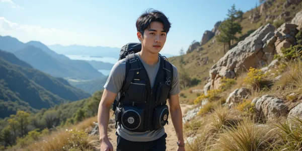 여름 햇빛 아래 냉풍조끼를 착용하고 등산 중인 모습