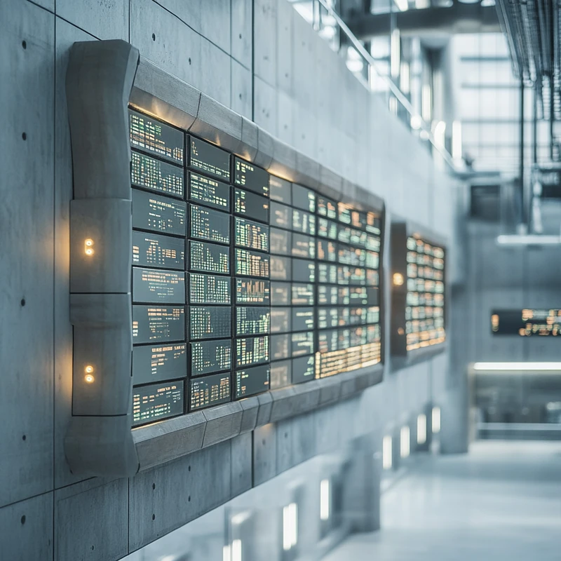 현대적 환경에서 배당집중형 ETF의 다양한 옵션을 보여주는 하이테크 디스플레이, 활기찬 레이아웃과 전자적인 빛이 은은히 더해진 정보성 디자인