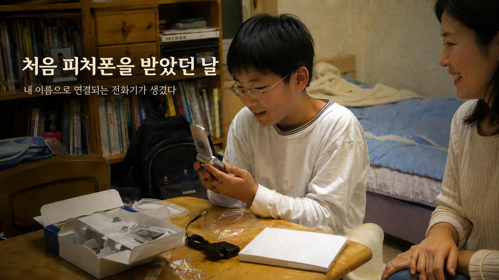 방 안 책상에서 새로 받은 폴더형 피처폰을 들여다보는 소년과 옆에서 미소 짓는 어머니의 모습
