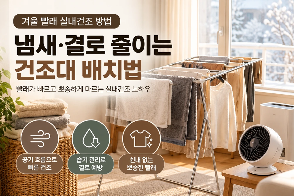 겨울철 실내에서 빨래 사이 간격을 확보하고 창문과 떨어진 위치에 건조대를 배치한 모습으로, 빨래 냄새와 결로를 줄이는 실내건조 방법을 설명하는 이미지