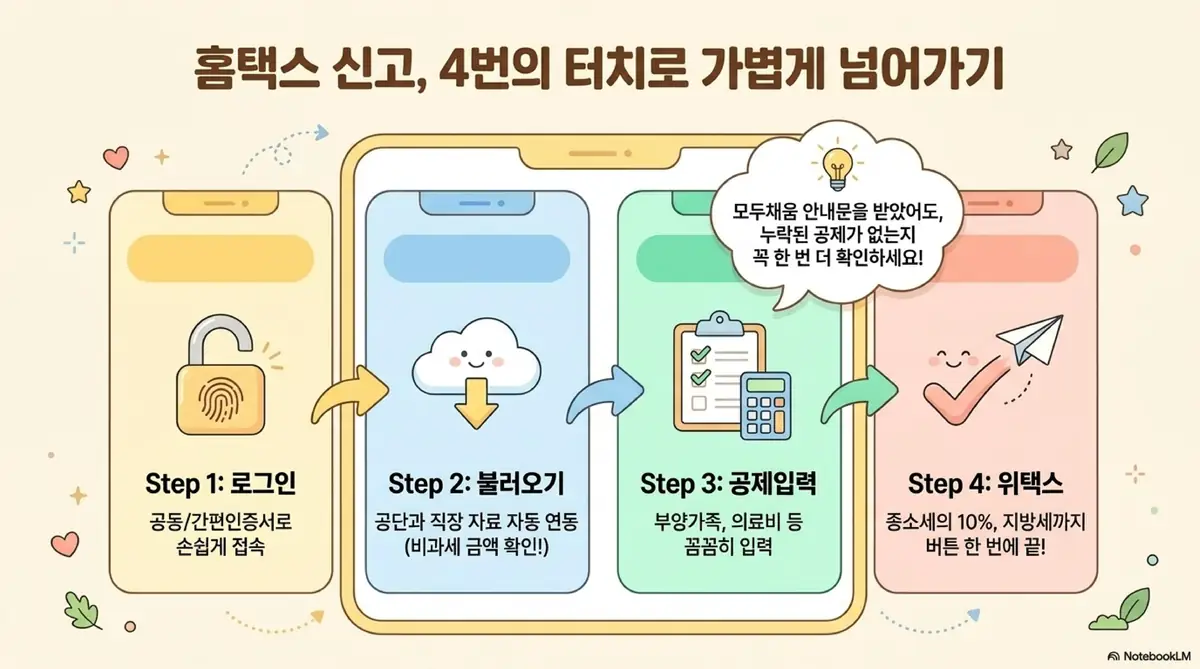 공무원연금 종합소득세: 홈택스 신고를 4번의 터치로 가볍게 넘어가는 절차를 스마트폰 화면으로 시각화한 이미지. 공동인증서 또는 간편인증 로그인 후 공단과 직장 자료 자동 연동 그리고 부양가족과 의료비 등 공제 입력 마지막으로 종소세의 10퍼센트 지방세까지 위택스에서 한 번에 완료하는 과정을 안내함