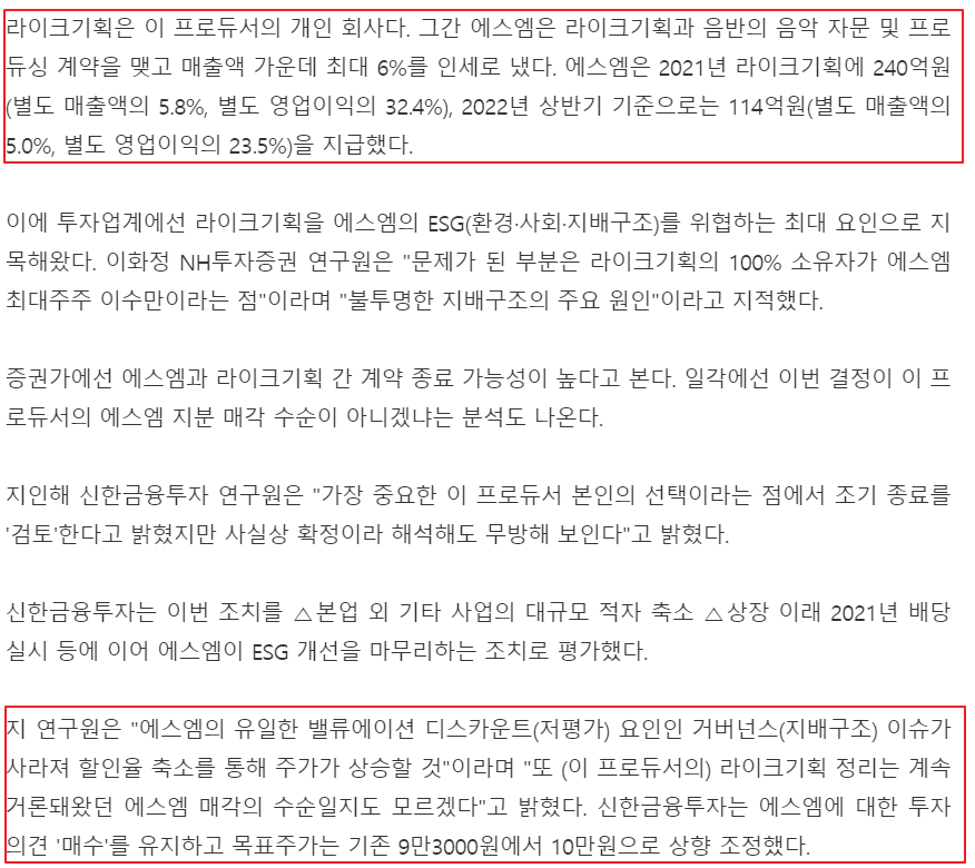에스엠-라이크기획 결별관련기사