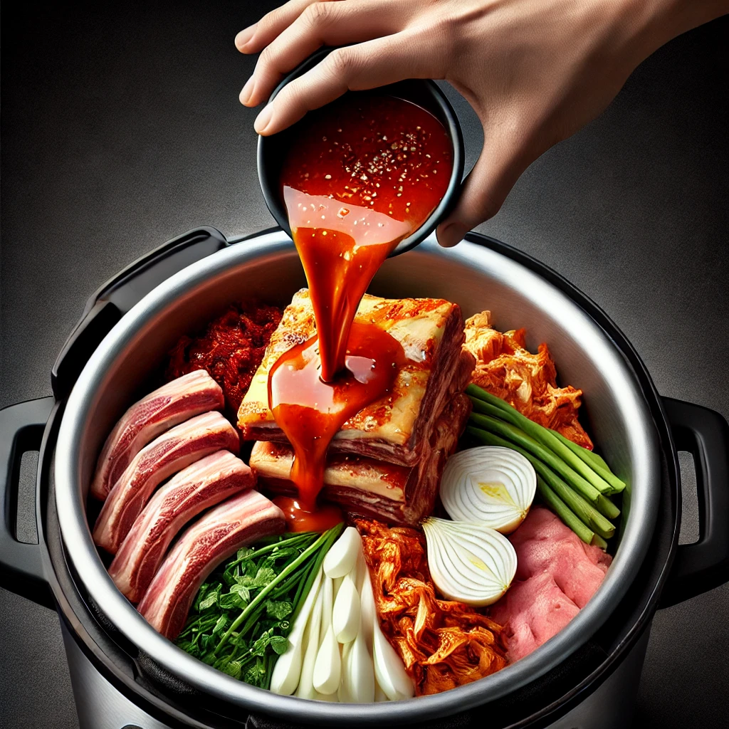 압력솥 안에 김치와 돼지갈비 재료가 층층이 배치된 모습