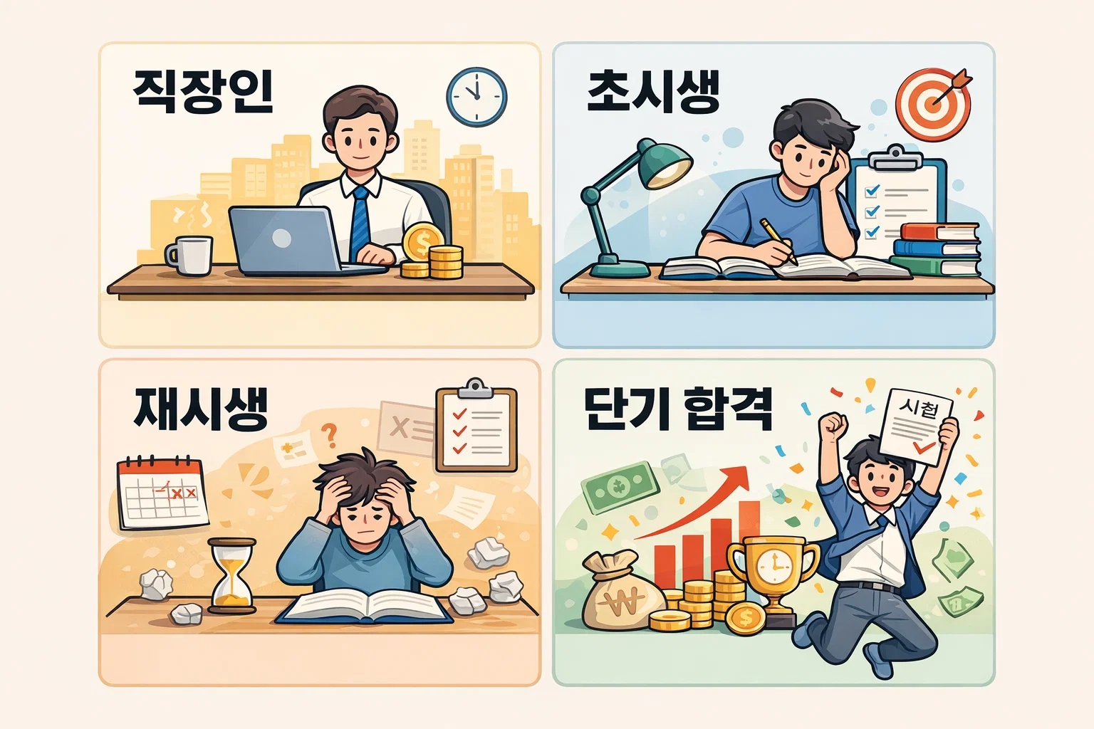 사회복지사 1급 강의 비교를 바탕으로 직장인&middot;초시생&middot;재시생 유형별 학습 여건과 목표에 따라 적합한 강의 선택 기준을 제시한 전략 안내 이미지입니다