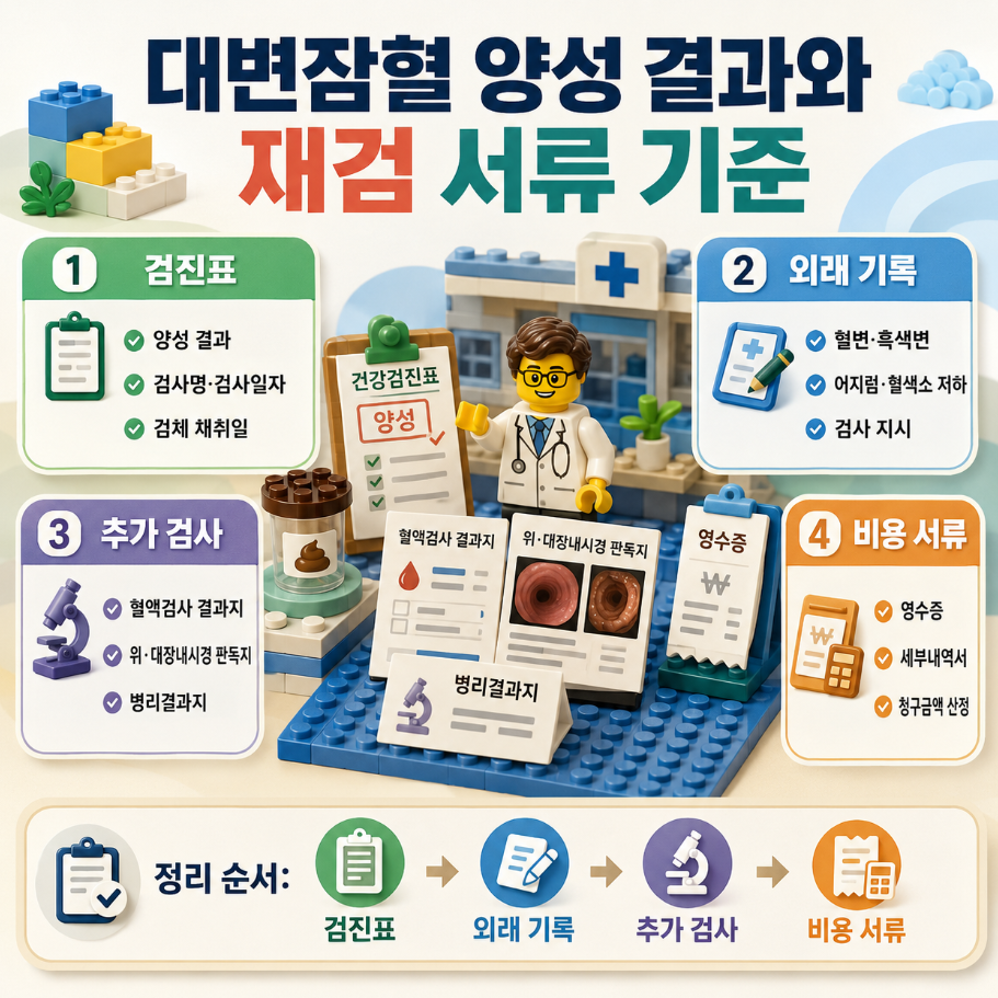 대변잠혈 양성 결과와 재검 서류 기준을 검진표, 외래 기록, 추가 검사, 비용 서류 순서로 정리한 레고 스타일 의료 인포그래픽