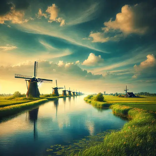 킨더다이크 풍차와 아름다운 일몰 풍경