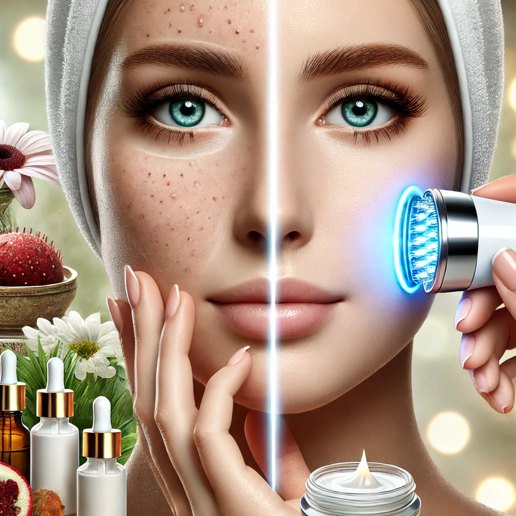 부작용 없이 여드름 흉터 제거를 위해 미세박피술과 LED 광치료를 받는 얼굴