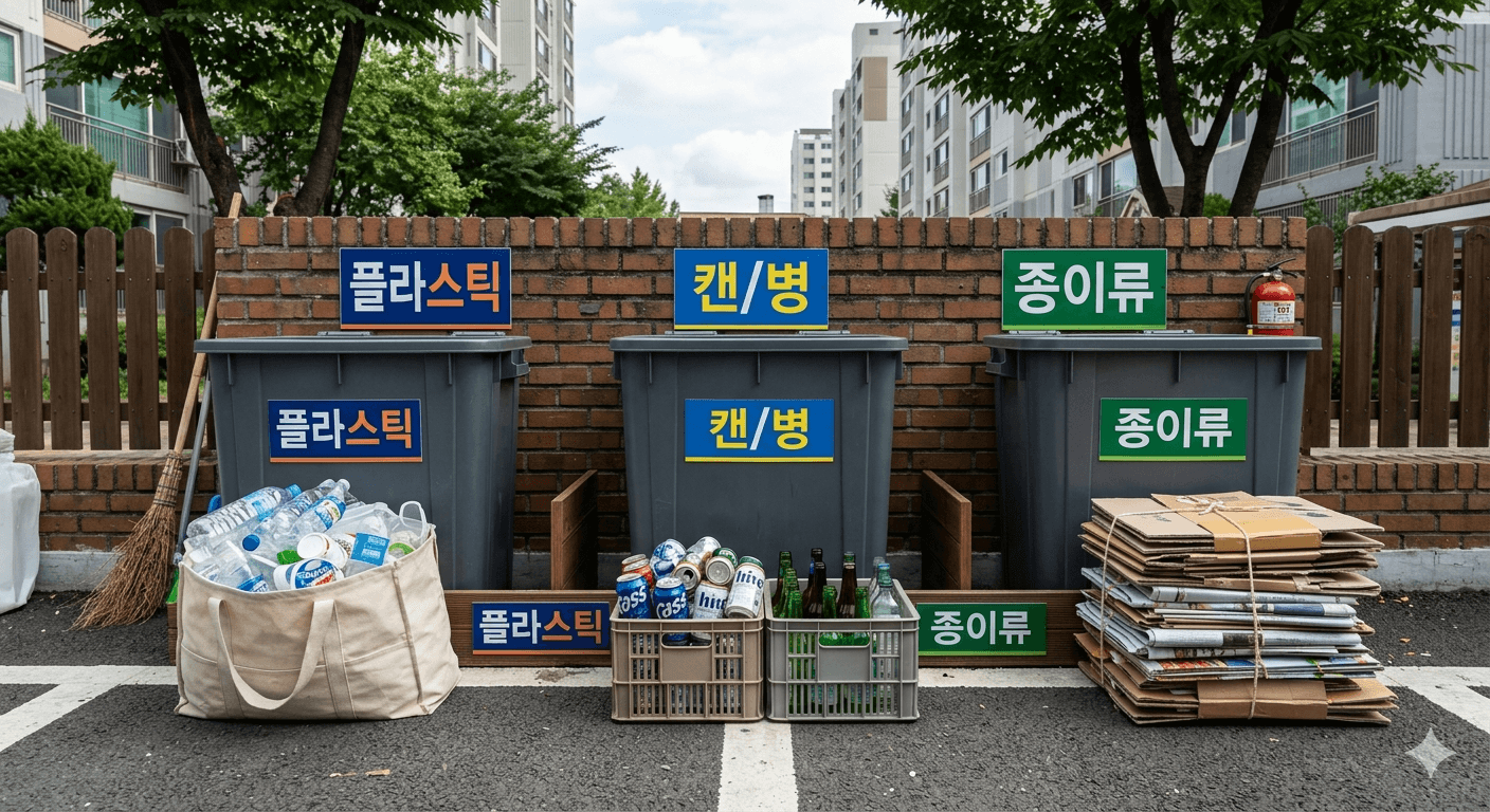 분리수거함 앞에 플라스틱, 캔, 종이류가 나뉘어 있는 사진