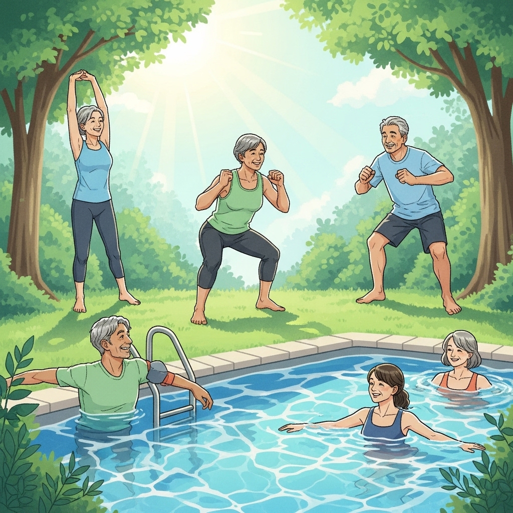 활기찬 중년들이 푸른 자연 속에서 물속 걷기, 스트레칭, 맨몸 스쿼트 등 관절 친화적인 운동을 즐기며 건강을 되찾는 모습.