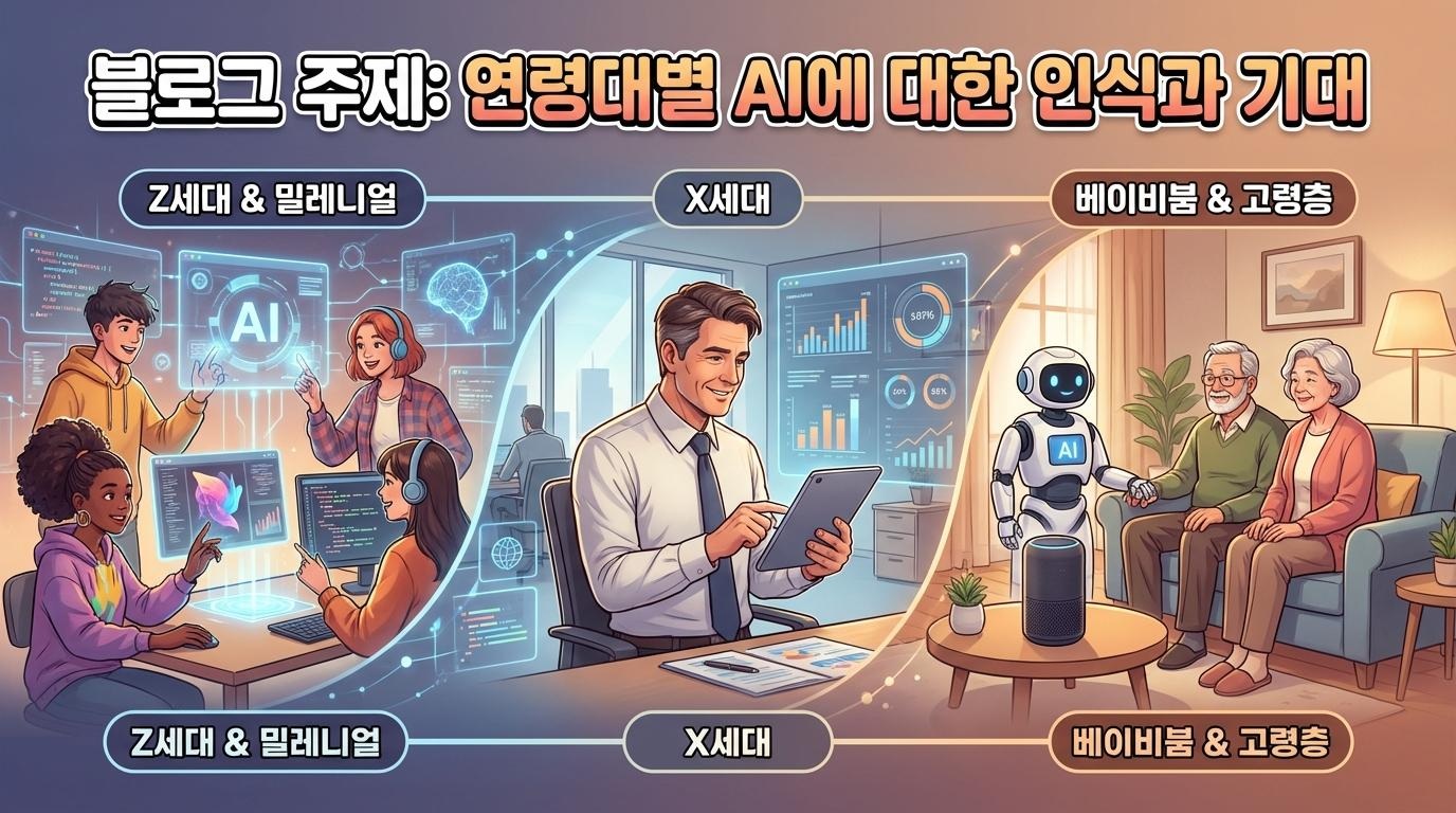Z세대와 밀레니얼, X세대, 베이비붐 세대 및 고령층이 인공지능(AI)을 각기 다르게 활용하는 모습을 표현한 일러스트. Z세대는 창작과 혁신의 도구로, X세대는 업무 효율을 위한 데이터 분석 도구로, 고령층은 생활의 편의와 정서적 교감을 위한 반려 로봇으로 AI를 대하고 있다.