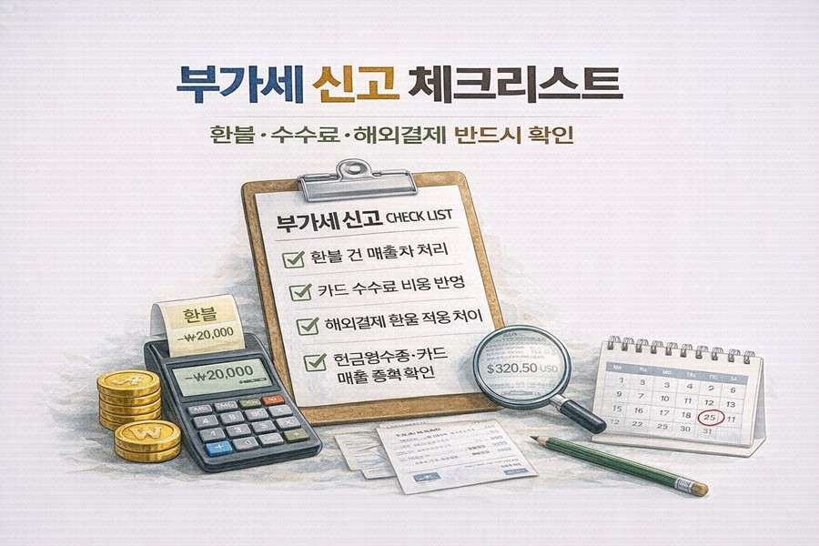 부가세 신고 시 환불 반영, 카드 수수료 처리, 해외결제 환율 적용 등을 점검하는 체크리스트 인포그래픽입니다.