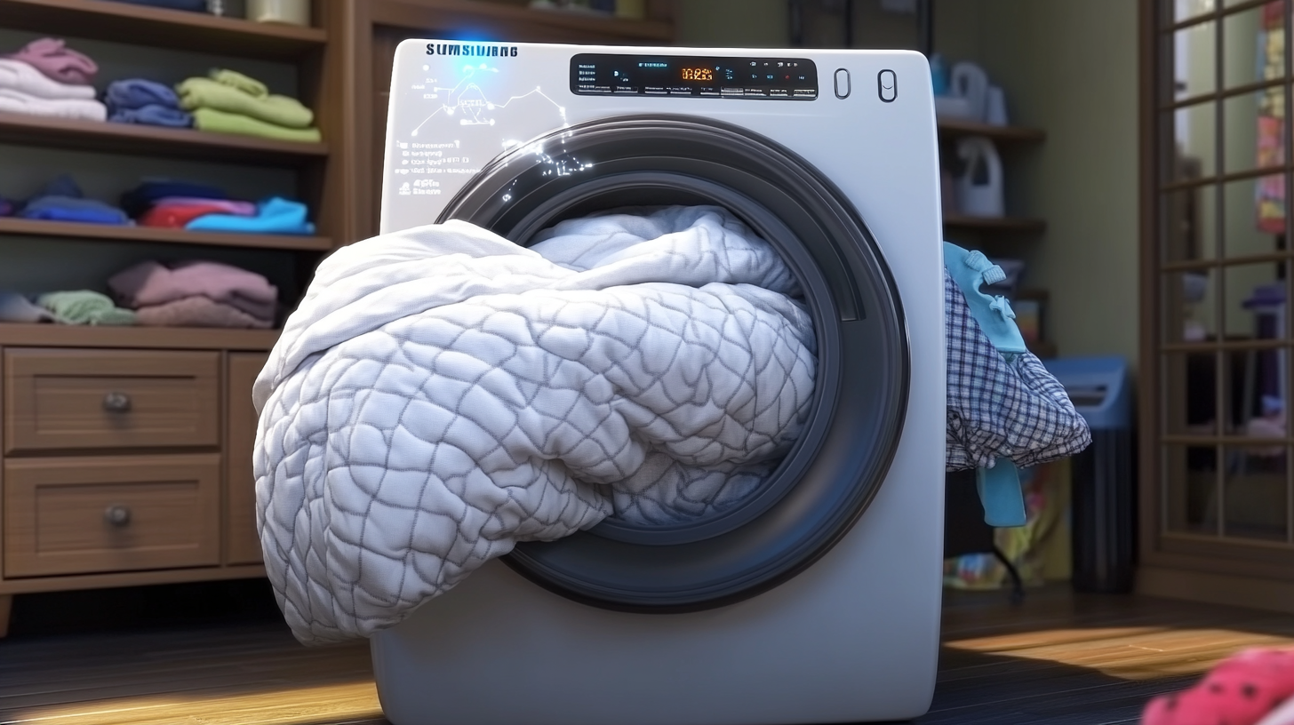 큰 드럼 안에서 대형 이불과 옷을 쉽게 처리하는 삼성 세탁기, 소비자 인식을 위한 기능 강조 오버레이