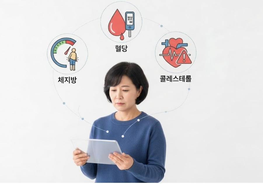 건강검진 결과지를 바라보며 고민하는 중년 여성