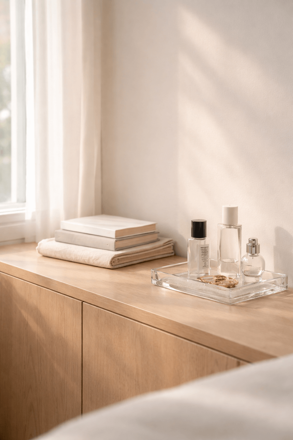 아침 햇살이 창을 통해 들어오는 미니멀한 드레스룸 또는 침실 한쪽 공간이 보인다. 밝은 나무 소재의 낮은 수납장 위에는 접힌 크림색 패브릭과 얇은 책 몇 권이 차분하게 쌓여 있으며, 옆에는 투명한 유리 트레이가 놓여 있다. 트레이 위에는 크기가 다른 투명한 향수 병들과 작은 액세서리들이 정돈된 상태로 배열되어 있다. 공간에는 사람이 없고, 자연광이 벽과 가구 표면에 부드럽게 스며들어 하루를 시작하기 직전의 조용하고 정돈된 분위기를 만든다. 전체 색감은 크림색과 연한 나무색, 부드러운 회색 계열로 구성되어 있다.
