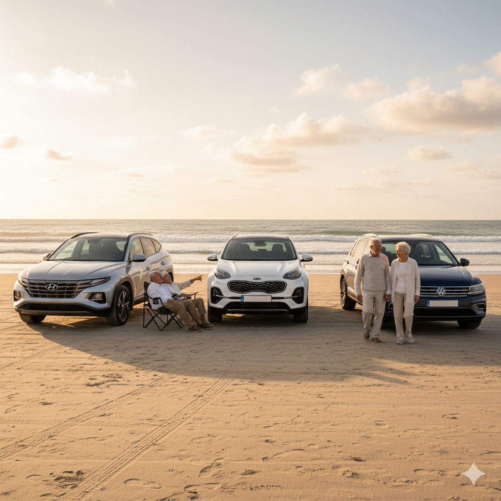 해변에서 SUV 중고차 앞에 선 노년 부부와 인기 중고 SUV 3종