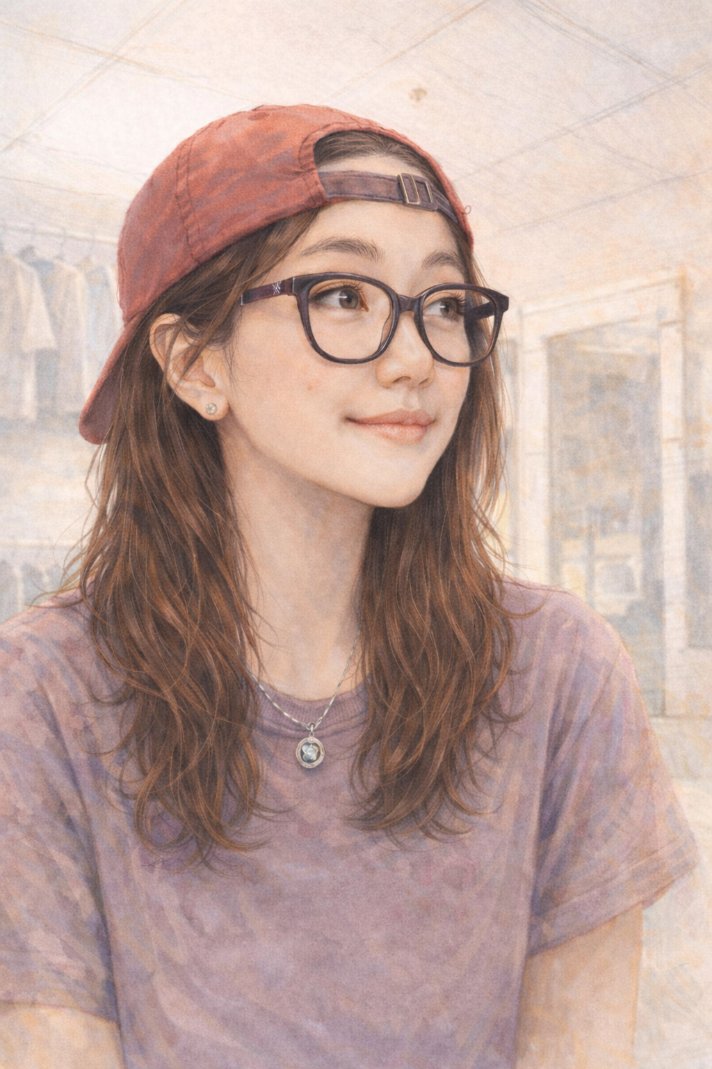 캡을 거꾸로 쓰고 안경을 쓴 여성이 조용히 앉아 생각에 잠긴 일러스트 이미지