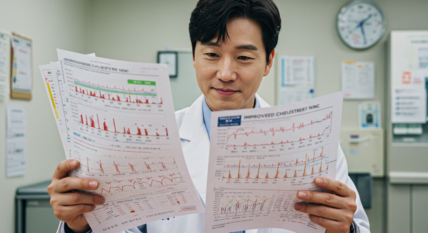 폴리코사놀 복용 후 개선된 혈액검사 결과를 확인하는 모습