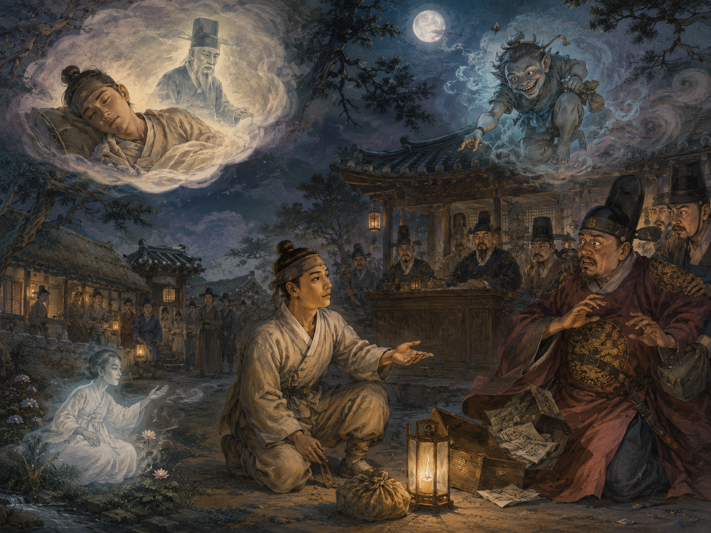 청구야담 요약: 예지몽, 도깨비, 영혼, 탐관오리의 응징 등 조선 시대 민간에 전해지던 기이하고 다채로운 야담의 세계를 표현한 환상적인 일러스트