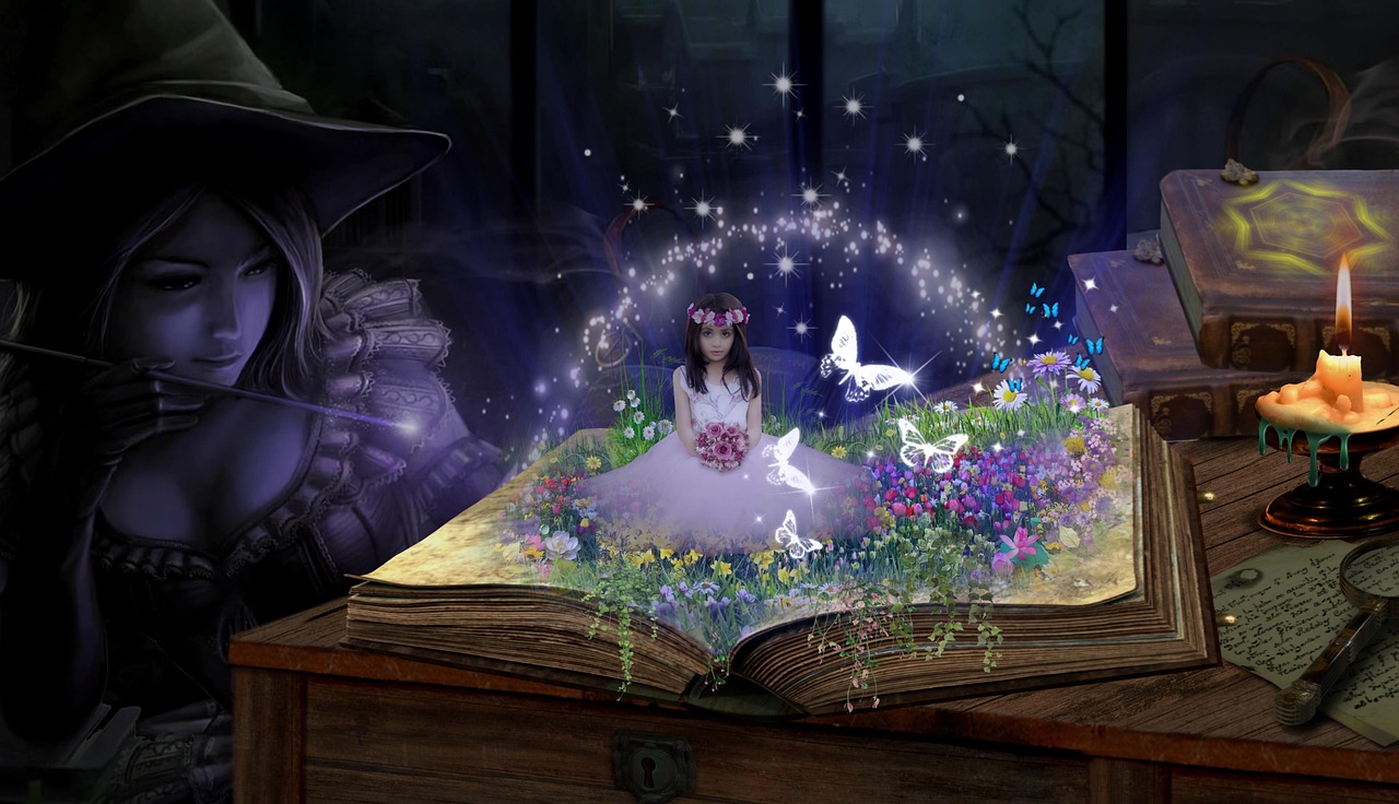 책 위의 요정이 앉아있는 이미지