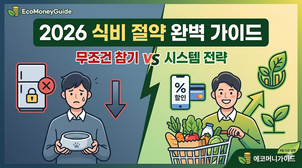 2026년 최신 식비 절약 가이드, 무조건 참는 '무지출 챌린지' 대 '플랫폼+카드' 시스템 전략 완벽 비교, 월 30만 원 저축하는 똑똑한 장보기 기술 총정리 - 에코머니가이드