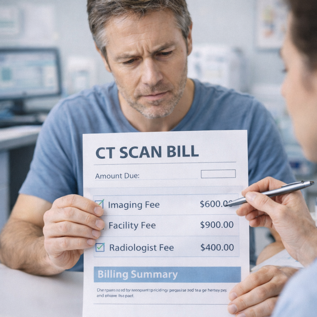 CT scan cost in the US showing imaging fee facility fee and radiologist billing breakdown