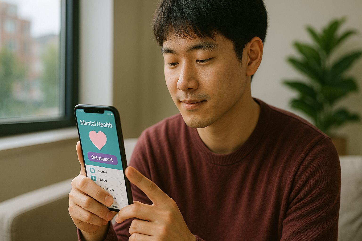 스마트폰으로 심리 앱을 사용하는 청년