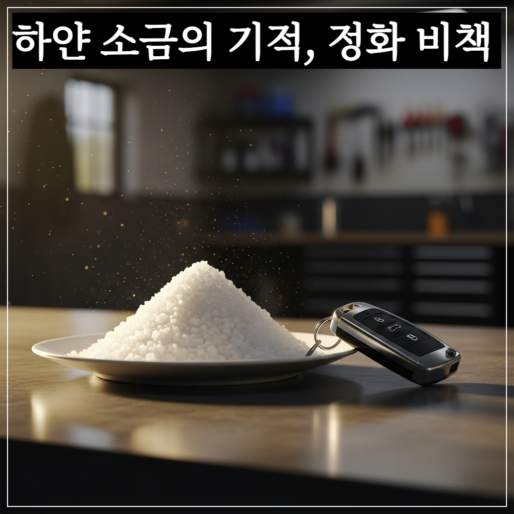깨끗한 흰색 접시 위에 산처럼 쌓인 굵은 소금과 그 옆에 놓인 현대적인 자동차 열쇠. 배경에는 중고차를 세차하거나 관리하는 듯한 평화로운 분위기의 차고 모습이 보이며, 화면 전체에 은은한 황금빛 입자가 빛나며 정화되는 느낌을 주는 사진