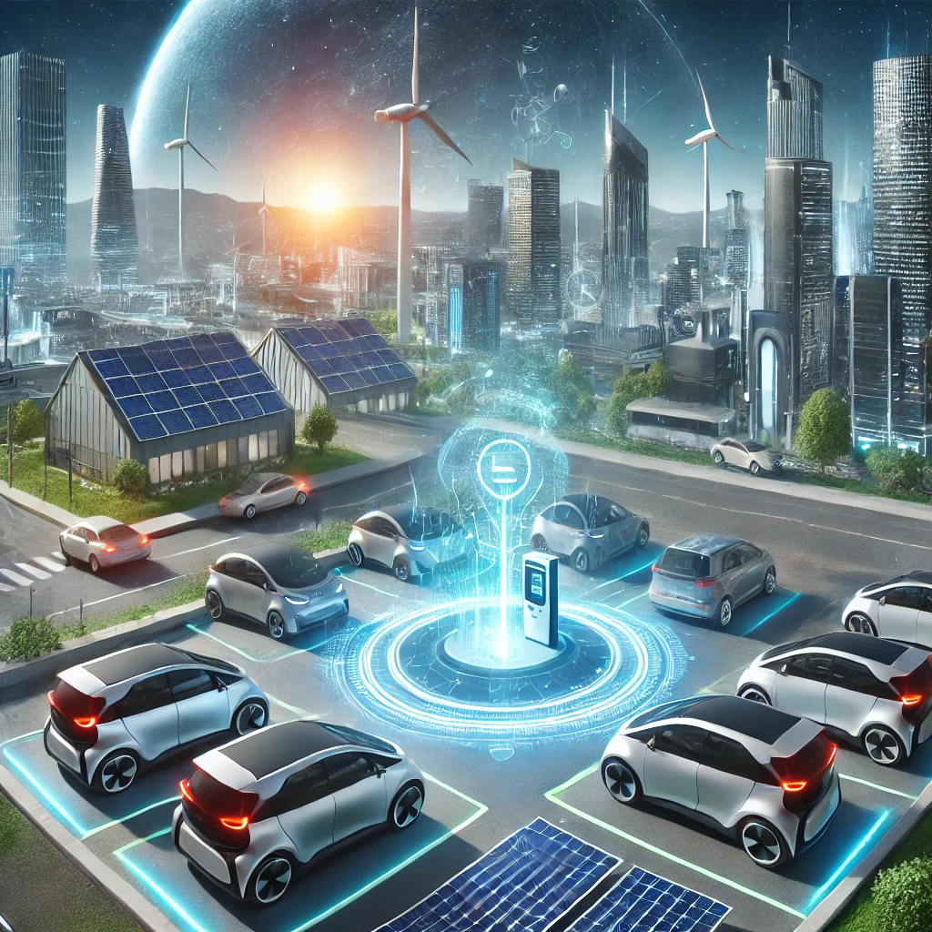 미래형 도시 환경에서 태양광 에너지로 운영되는 전기차 차량 공유 허브. 지속 가능성과 친환경을 강조하며, 사용자가 첨단 앱 인터페이스를 통해 차량을 이용하는 모습