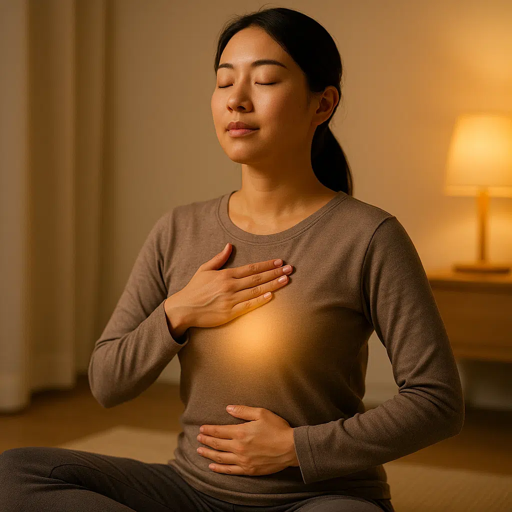배에 손을 올리고 깊게 숨을 들이마시는 사람, 복부가 부풀어오르는 모습, 편안한 자세, 명상 분위기, 부교감신경 활성화 느낌