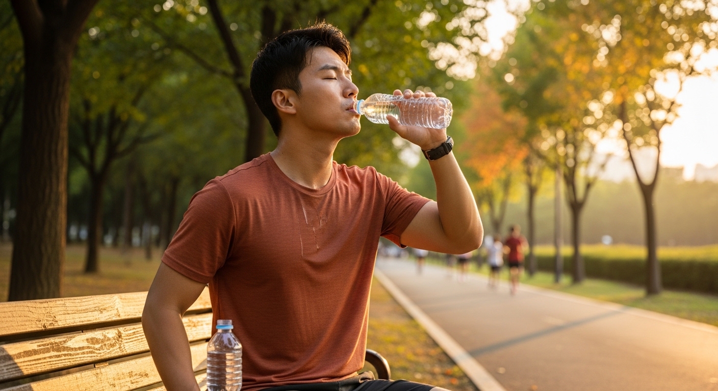 건강한-한국인-남성이-가벼운-조깅-후-숨을-고르며-물을-마시는-장면