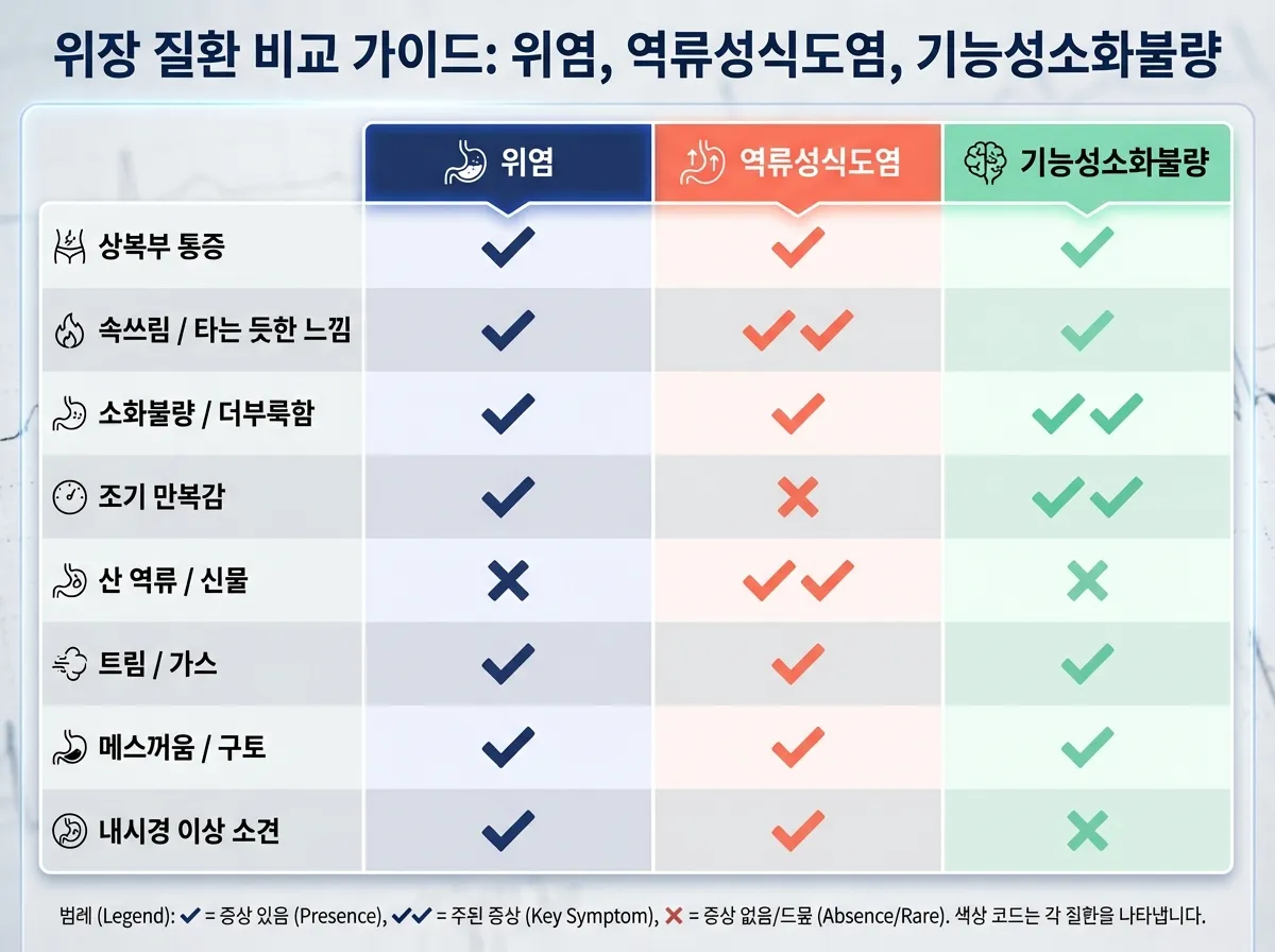 위염, 역류성식도염, 기능성소화불량의 주요 증상을 비교한 상세 의료 차트