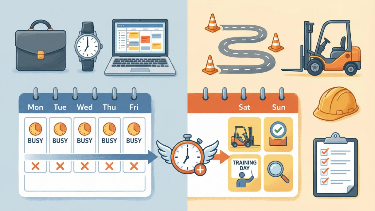 직장인이 지게차운전기능사 주말반을 찾는 이유를 보여주는 이미지