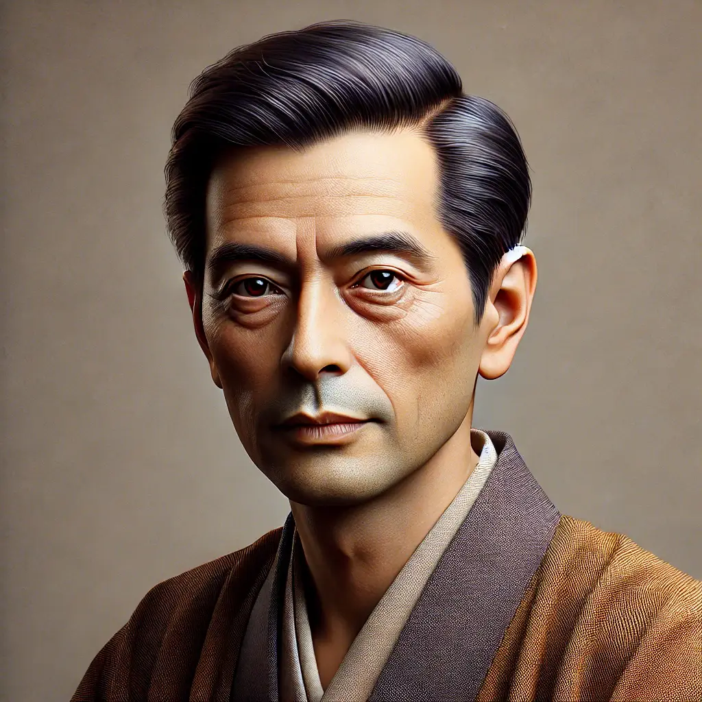 미조구치 겐지 감독의 사진 초상화 처럼 정면을 응시하고 있는 남자의 모습이 보인다. 수염은 깎아 깔끔하고 눈주위의 주름과 이마에 주름이 선명하다 50대정도로 보여진다