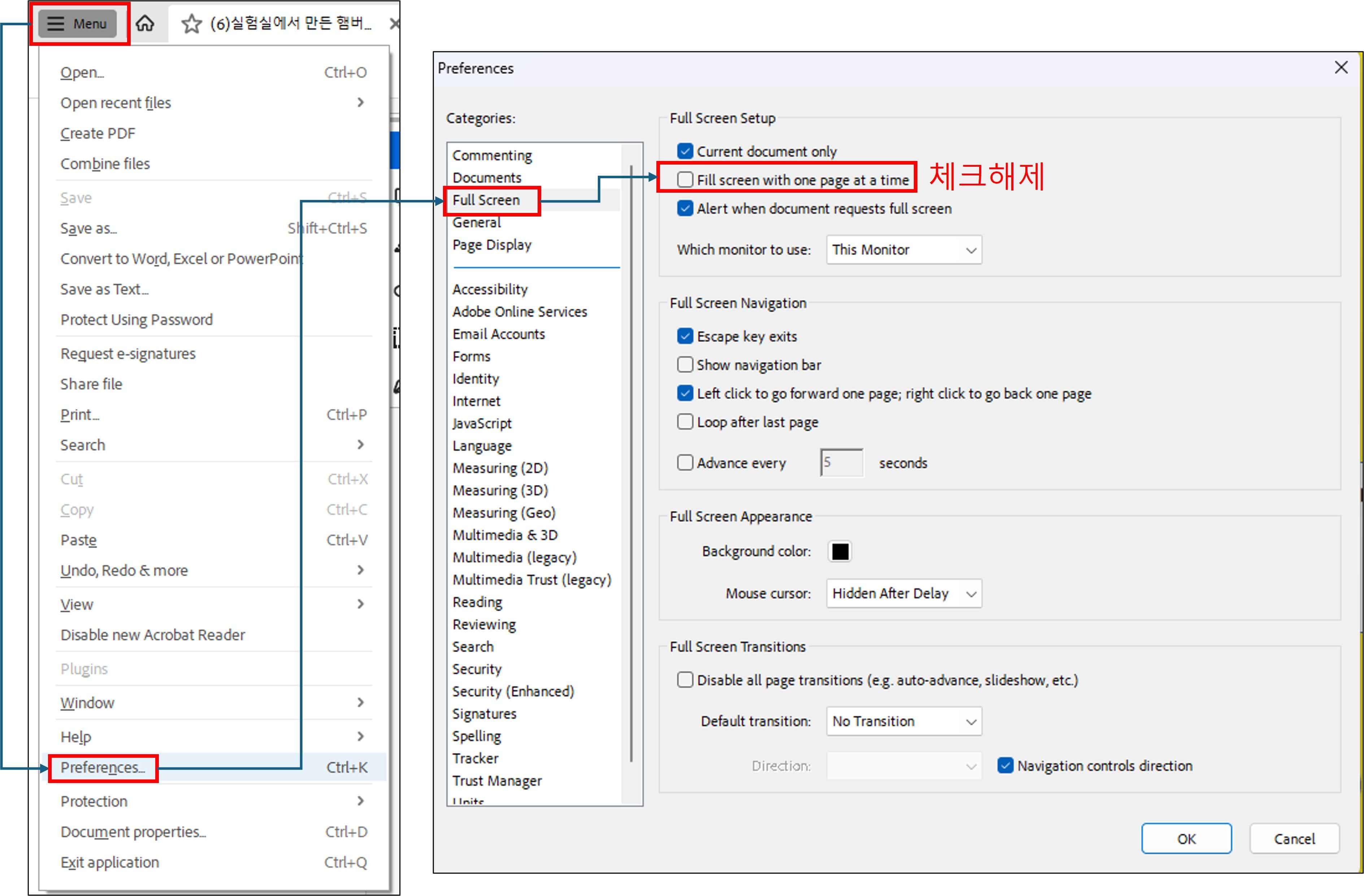 Adobe reader 전체 화면 두 페이지 보기 tip
