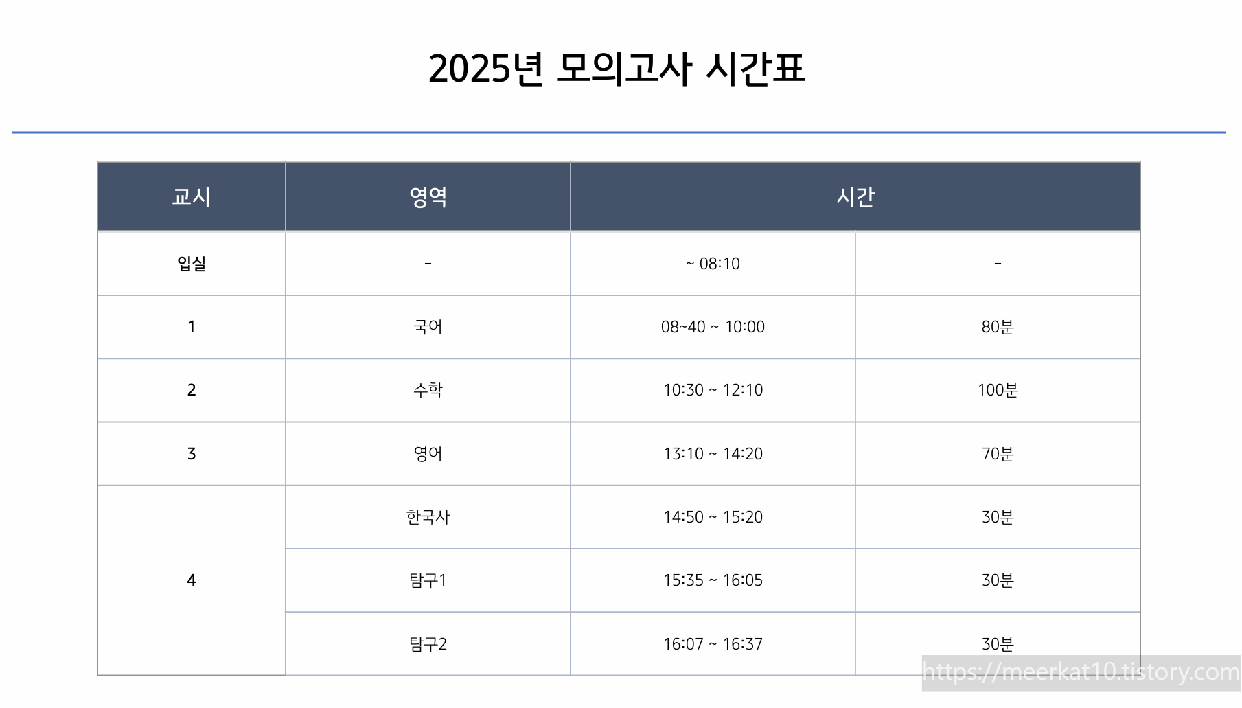 2025년 모의고사 시간표