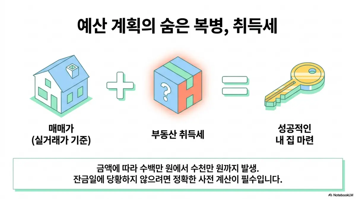 부동산 취득세: 매매가에 부동산 취득세를 더해야 성공적인 내 집 마련이 완성된다는 내용을 집과 물음표 상자와 열쇠 일러스트로 표현한 인포그래픽 이미지. 이 이미지는 취득세가 수백만 원에서 수천만 원까지 발생하며 사전 계산이 필수라는 정보를 시각적으로 전달하며 블로그의 부동산 취득세 개념 설명과 관련된 내용을 설명함