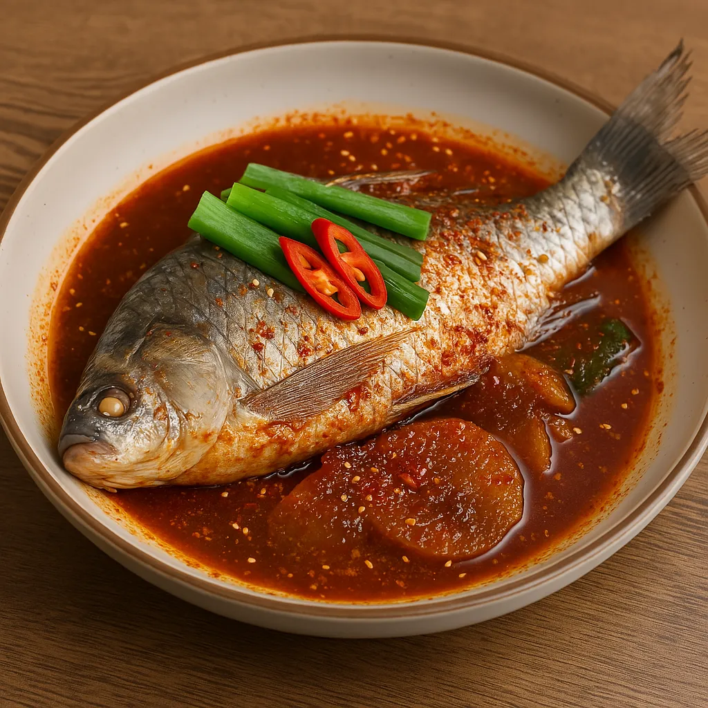매콤한 양념에 졸인 붕어찜 한 접시
