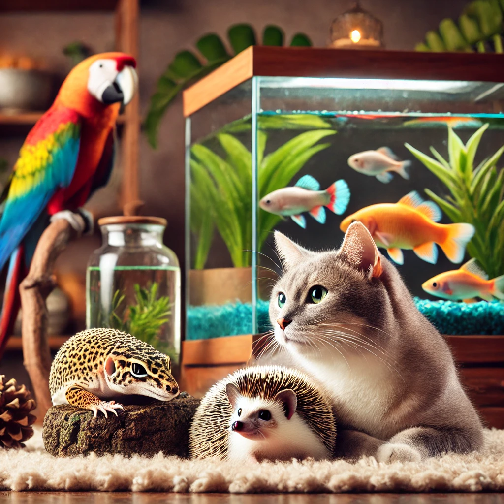 앵무새,도마뱀,관상어,고양이,고슴도치 사진