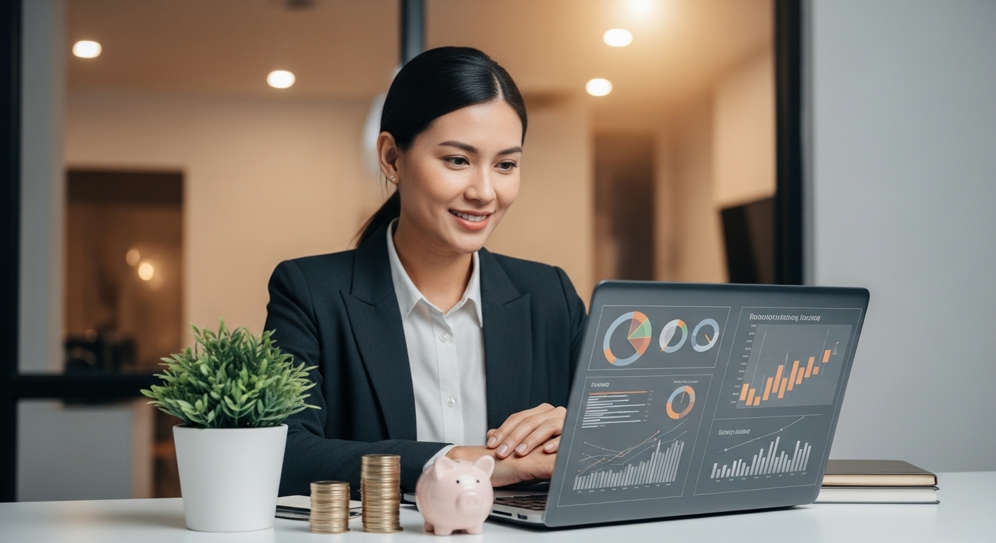 노트북으로 재테크 정보를 확인하며 작은 동전과 저금통을 통해 소액 투자를 계획하는 30대 여성의 모습. 경제적 자유를 향한 희망적인 분위기를 나타냅니다.