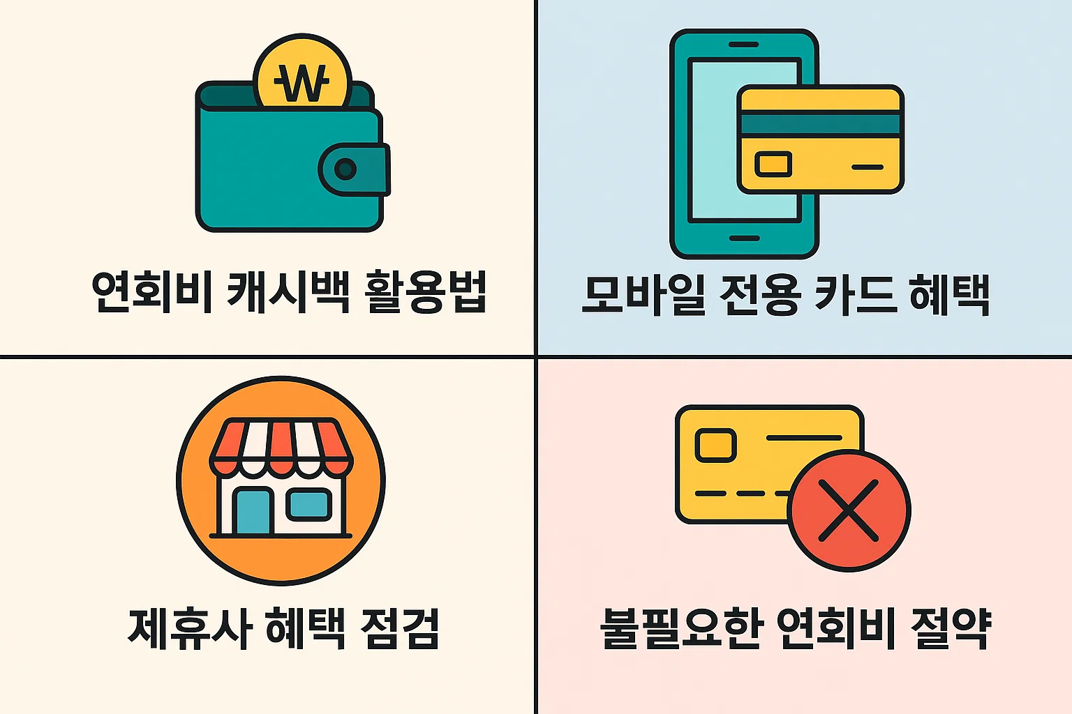 연회비 캐시백 활용법, 모바일 전용 카드 혜택, 제휴사 혜택 점검, 불필요한 연회비 절감 방법 등을 설명한 인포그래픽입니다.