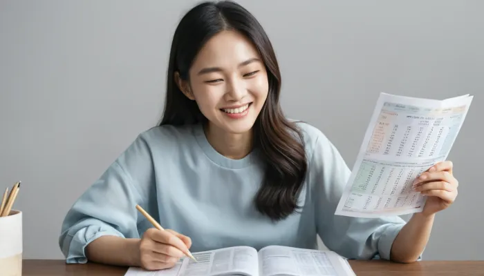 좋은 운세를 확인한 뒤 웃고 있는 모습