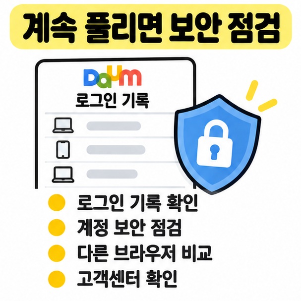 계정 재로그인과 쿠키 설정, 로그인 기록, 고객센터 확인을 체크리스트로 정리한 카드