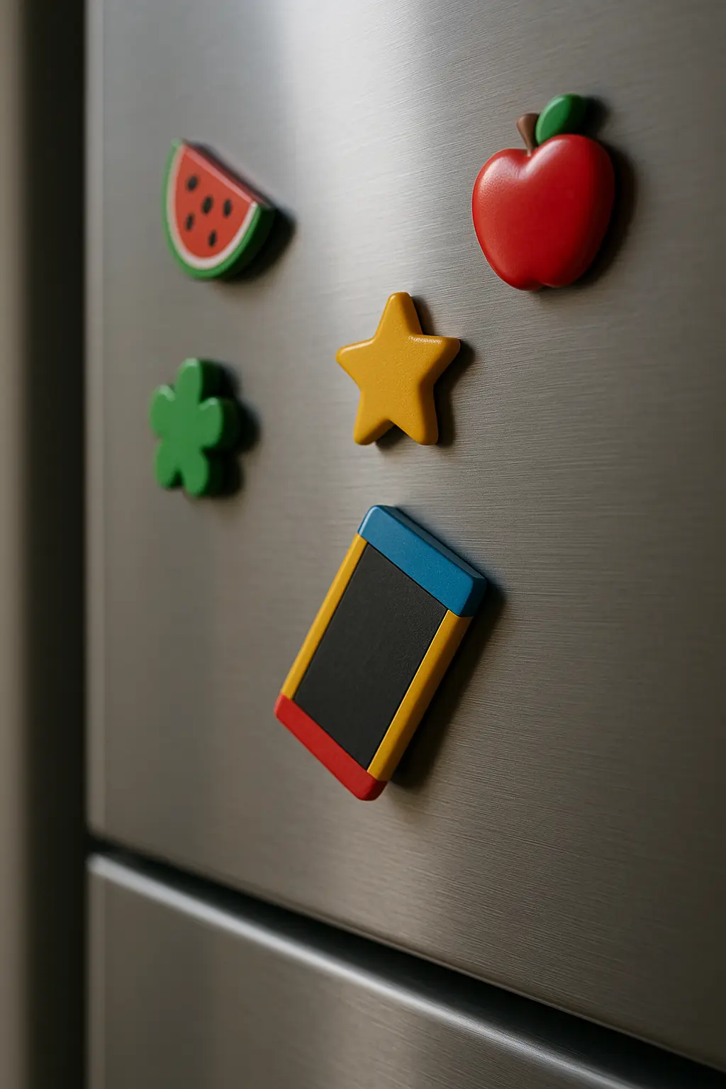 스테인리스-냉장고-문에-붙은-여러-색상의-자석들-중-하나가-살짝-밀려-비스듬히-떨어질-듯이-미끄러지고-있는-모습