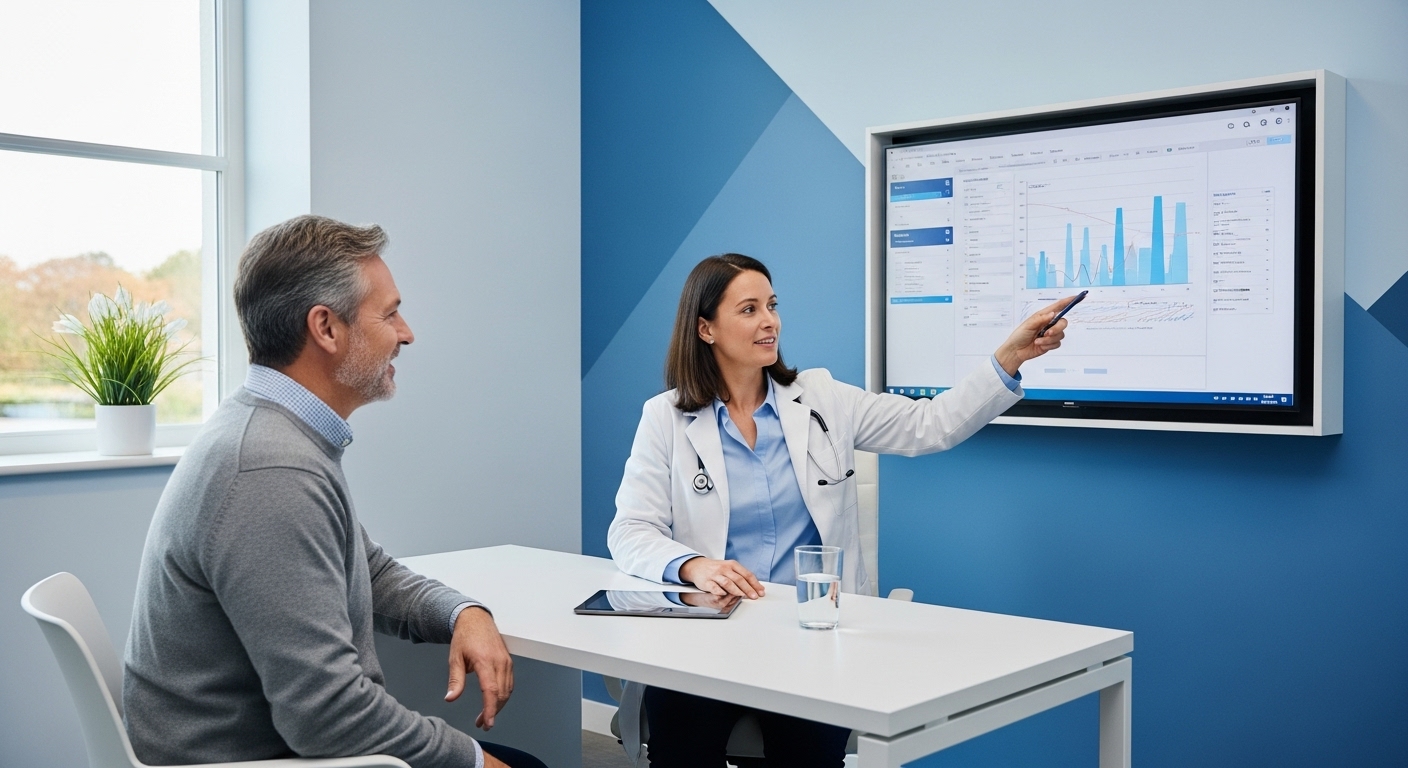 의사가 환자에게 위고비 복용 관련 주의사항을 설명하고 상담하는 모습.