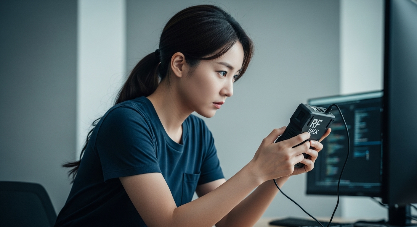 RF Hack 장치를 들고 해킹을 공부하는 한국 여성의 모습