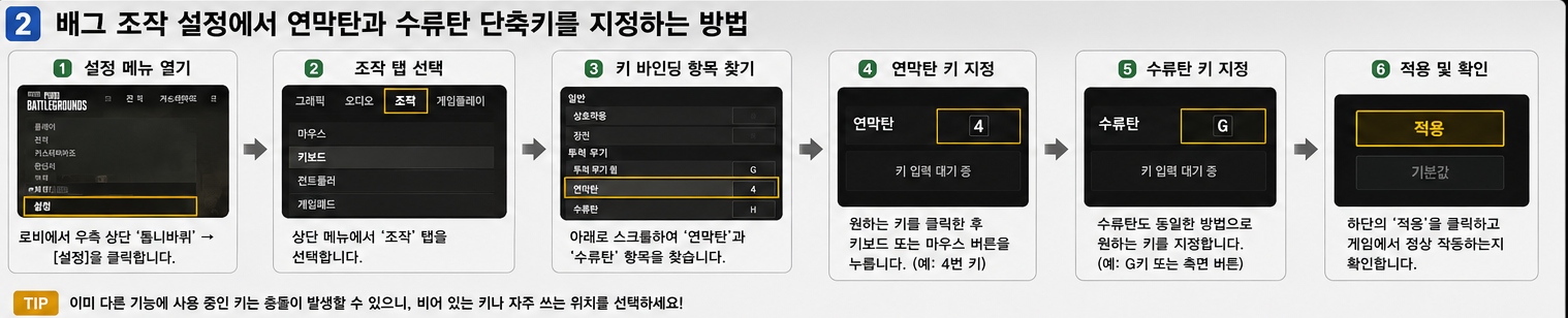배그 조작 설정에서 연막탄과 수류탄 단축키를 지정하는 방법