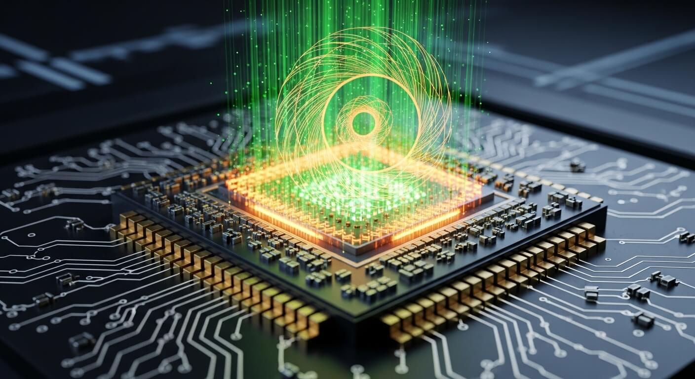 반도체에 빛이나고 중심으로 소용돌이치는듯한이미지