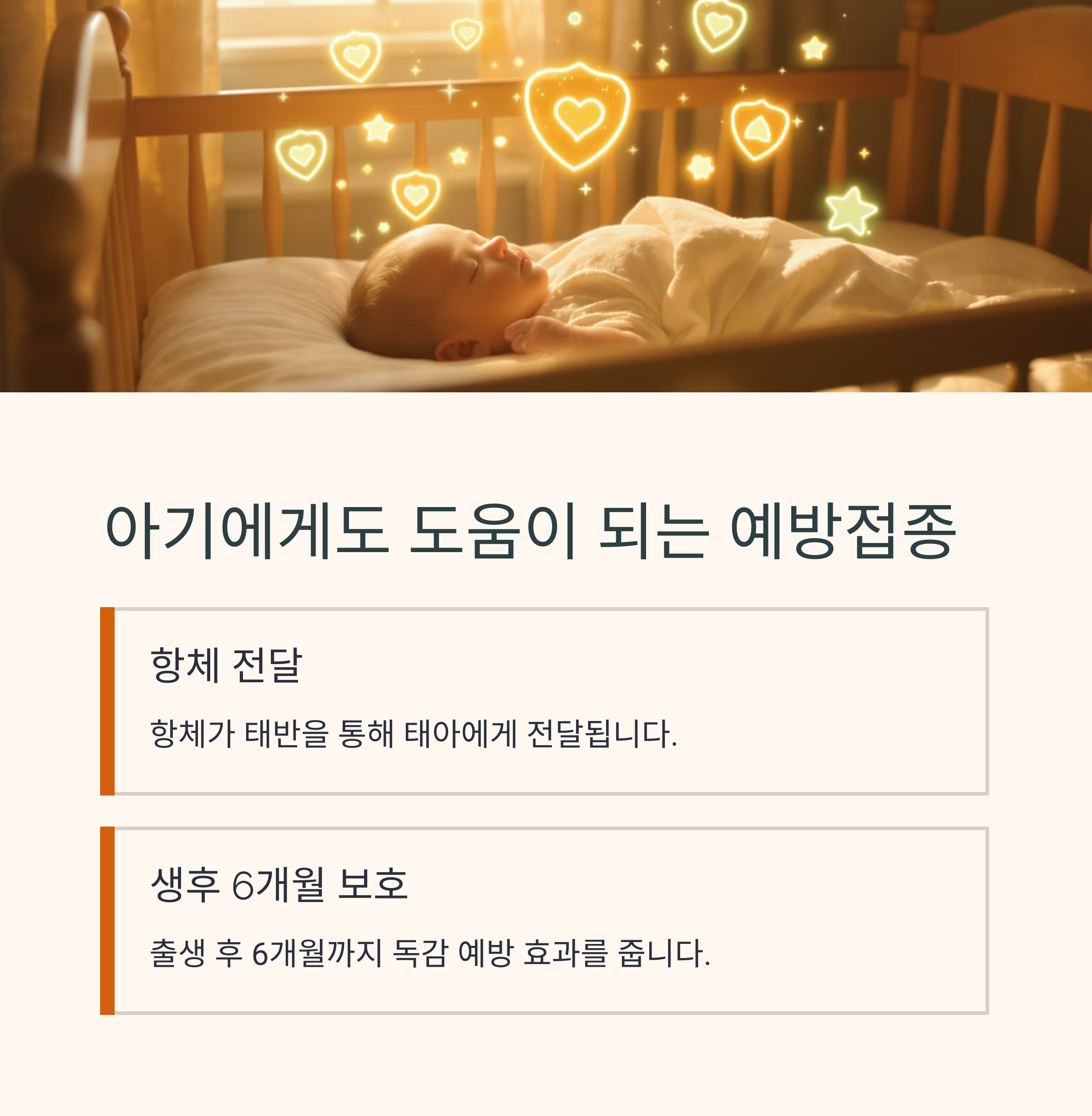 아기에게도 도움이 되는 예방접종 효과를 소개한 인포그래픽 이미지. 항체 전달과 생후 6개월간의 보호 효과 설명 포함