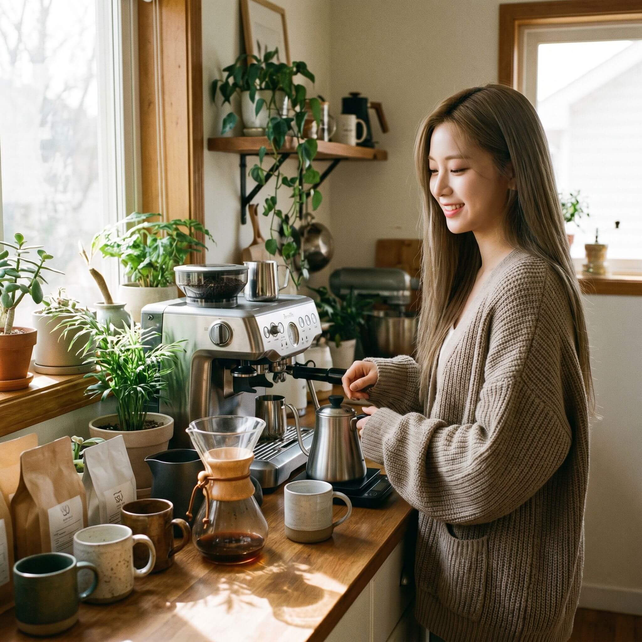 드립머신과 핸드드립으로 커피를 내리고있는 여자