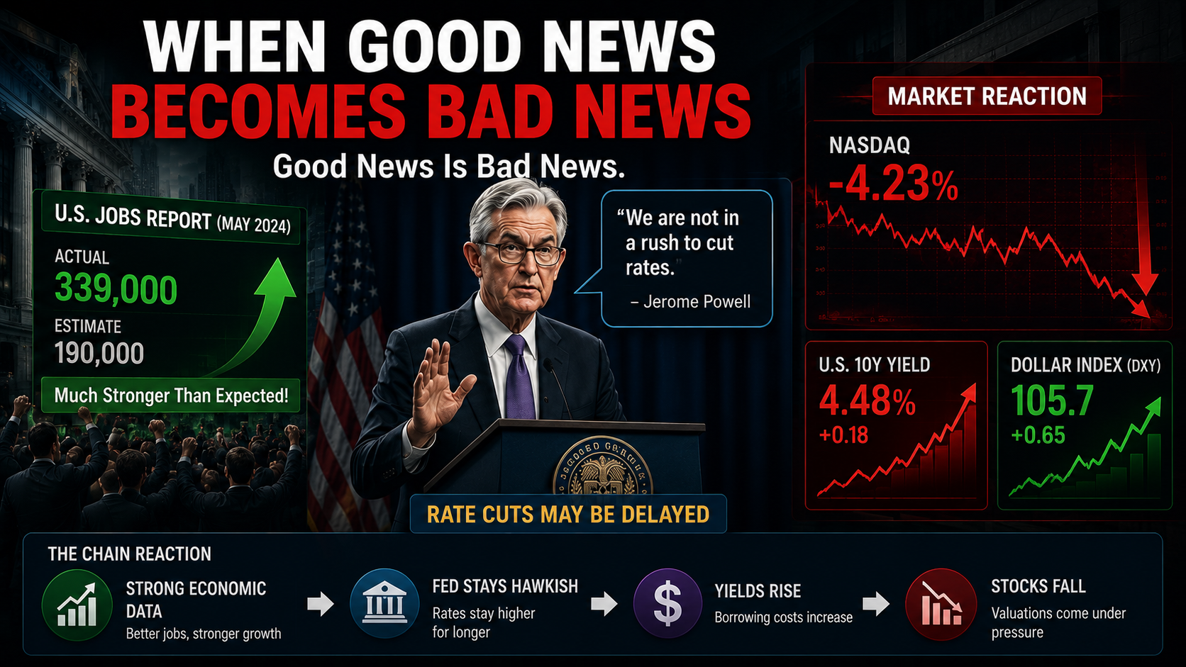 Strong jobs data triggers market concerns over delayed rate cuts as stocks fall and bond yields rise.
